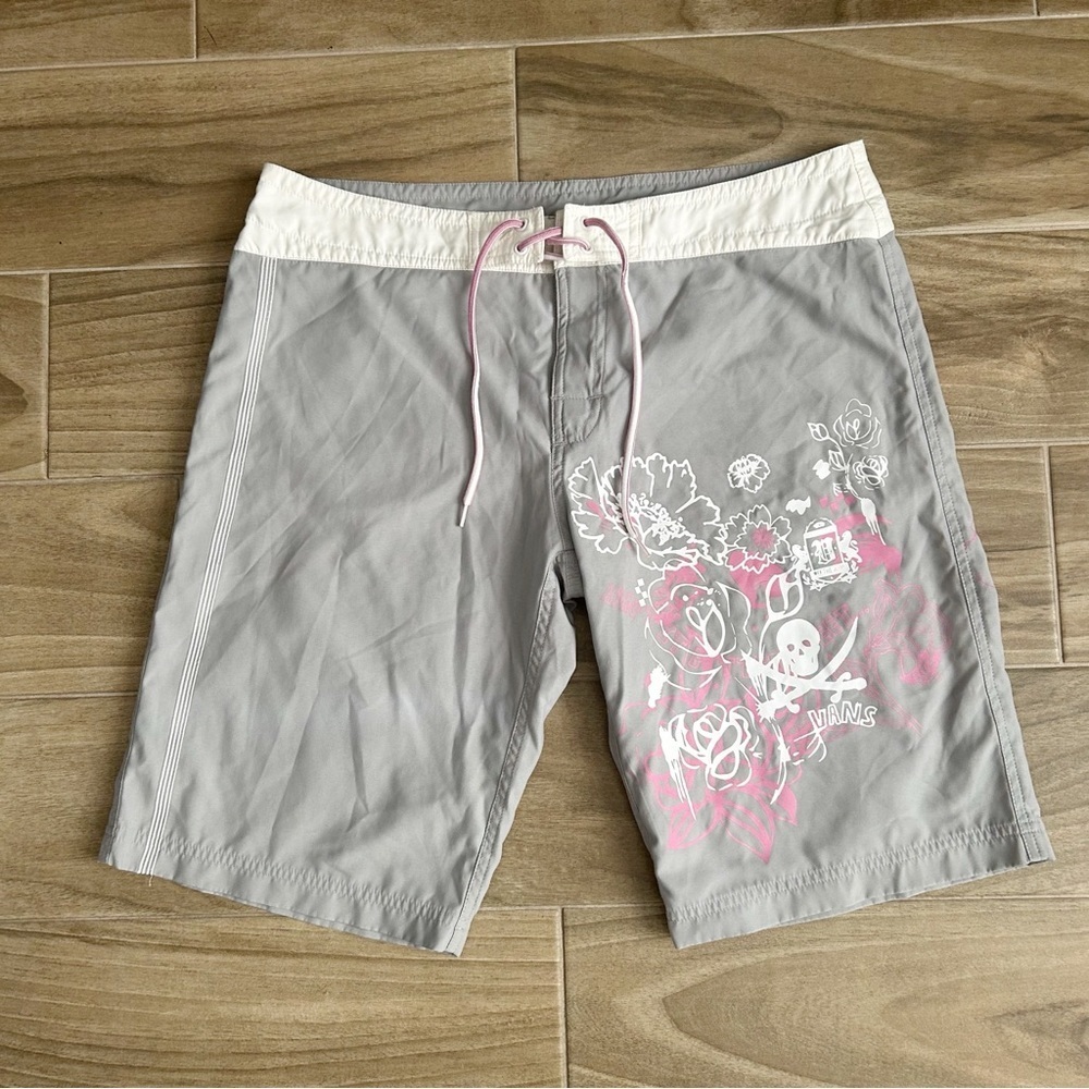 Vans Gray and White Board Shorts with Pink Accents